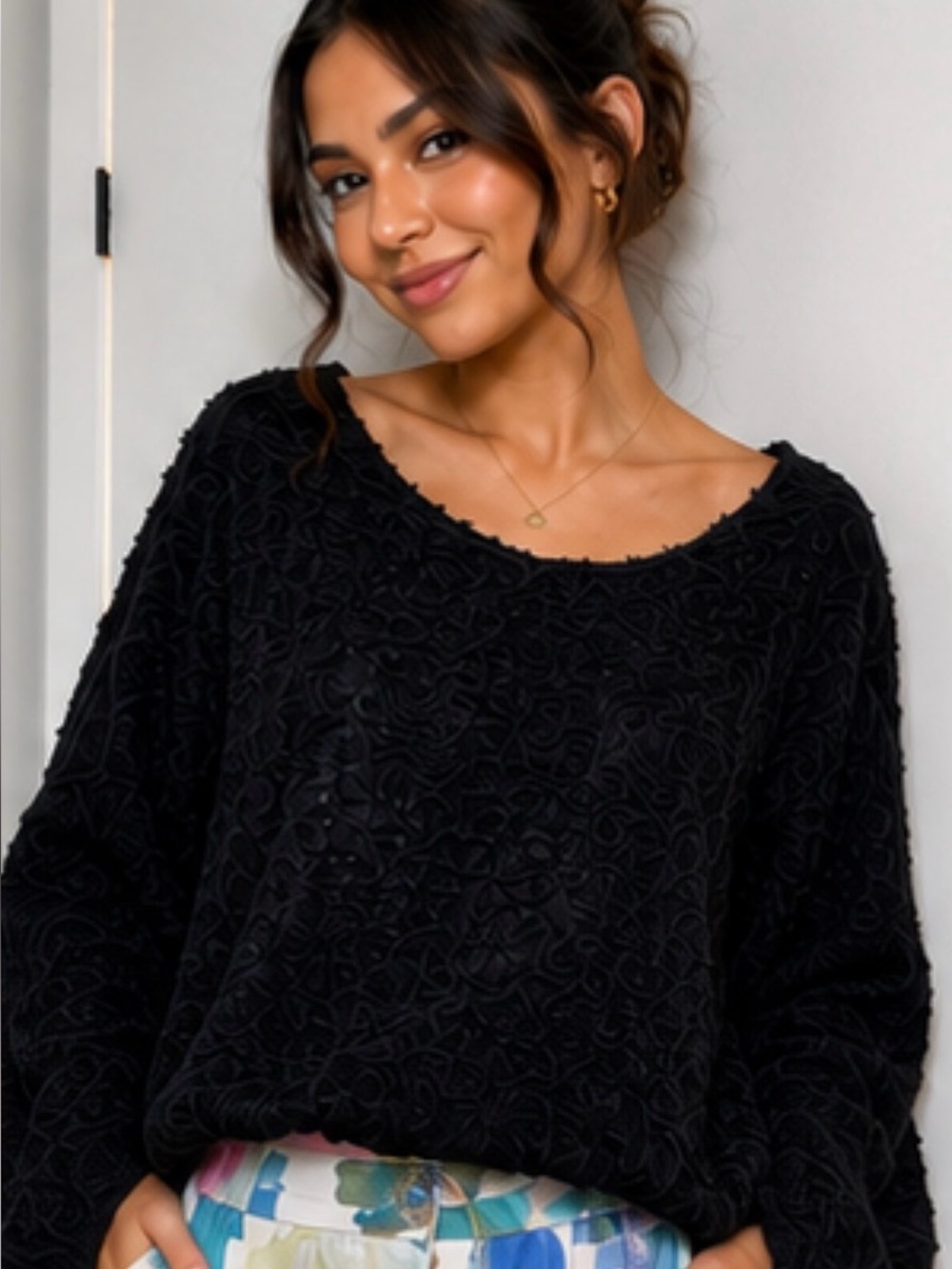 Textured Black Floral Appliqué Sweater